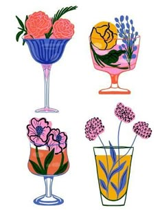 four different vases with flowers in them on a white background, one is blue and the other has pink