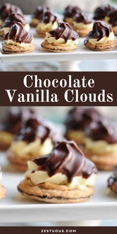 chocolate vanilla cloud cookies on a white plate with text overlay that reads, chocolate vanilla clouds