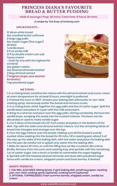 the recipe for princess dana's favorite bread and butter pudding is shown in pink