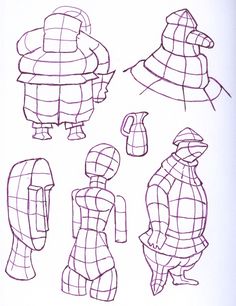 some sketches of people in different poses and shapes, including one man wearing a hat