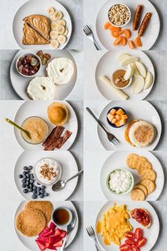 an array of different types of food on plates with forks and spoons next to each other