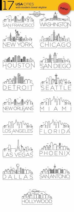 the city skylines are outlined in black and white