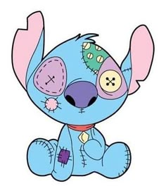 a cartoon blue dog with pink ears and big eyes sitting on the ground, looking to its left