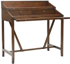 a wooden desk with two drawers on the top and one drawer at the bottom, in front of a white background