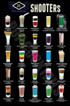 a poster showing the different shots that are in various glasses on fire with text reading, pocket cocktails 2020 top shooters