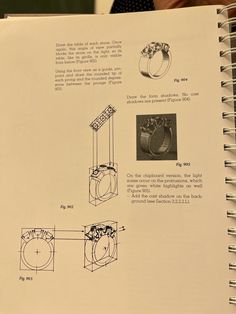 an open book with diagrams and instructions on how to wear rings in different styles, sizes and colors