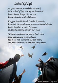 two graduates throwing their caps in the air with an inspirational quote about school of life