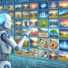 a robot is looking at pictures on a wall with food and drinks in it's hands