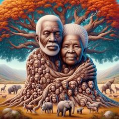 an old man and woman hugging each other in front of a tree with many heads on it