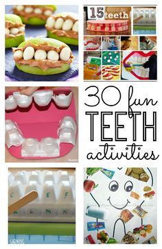 there are pictures of toothbrushes and teeth on the table with text overlay that says 30 fun teeth activities