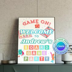 there is a sign that says welcome to andrew's board game party on the wall