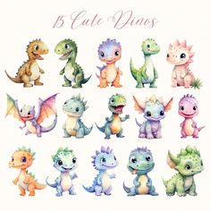 a bunch of cute little dinos in different poses