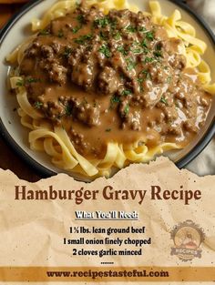 a flyer for a hamburger gravy recipe with noodles and gravy sauce