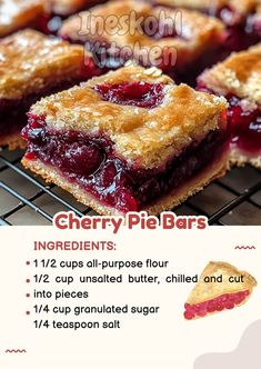 cherry pie bars on a cooling rack with instructions