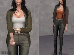 two different poses of a woman in brown and white top, black pants and jacket