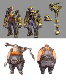 three different views of the same character from overwatch, including two men in overalls and