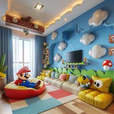 a living room with mario and luigi on the couches