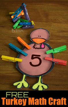 a turkey math craft with the number five on it's face and colorful crayons