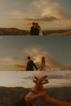 two people holding hands in front of mountains and clouds at sunset or sunrise, with the sun setting behind them