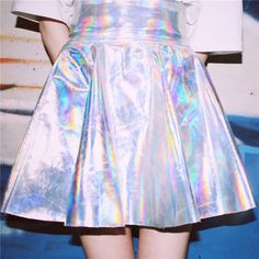 Hologram Skirt, Harajuku Skirt, Holographic Fashion, Kristina Webb, Kawaii Skirt, Holographic Iridescent, Silver Skirt, High Waisted Pleated Skirt, Metallic Skirt