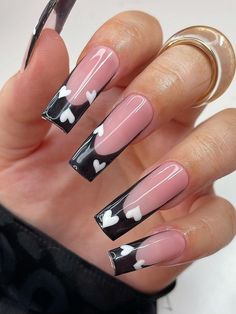 black french tip nails Nail French Tip Designs Black, Blk French Tip Nails, Black French Tip Nails Coffin Long, Black Valentines Nail Designs, Unique Black Nail Designs, Black Nails Red Design, Black French Design Nails, Black French Tip Nails With Heart, Cute Black Nails Ideas French Tips