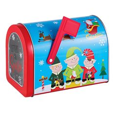 a red and blue mailbox with three little pigs on it's side, decorated with santas sleigh