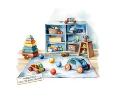 a watercolor painting of toys and books in a child's playroom with a sign