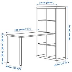 a drawing of a desk and bookcase with measurements for each shelf in the room