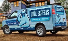 a blue and white truck parked in front of a house with the words cool experts on it