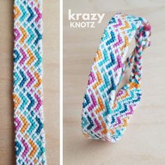 two pictures showing different types of bracelets on a table, one is made from yarn and the other has a woven band