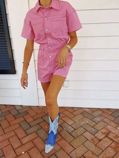 Color: Pink Material: 86% Cotton, 12% Polyester, 2% Spandex Lining: 100% Polyester Fit: True to Size Model is seen wearing a size small in the first photo. Button Up Romper, Spring Rompers, Formal Jumpsuit, Pink Romper, Midi Dress Formal, Pink Rompers, Denim Romper, Pajama Bottoms, Mink Pink