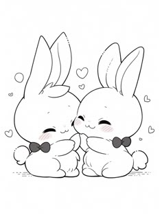 two rabbits sitting next to each other with hearts around them