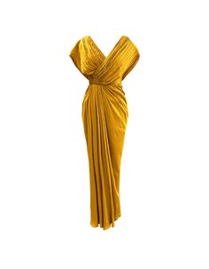 Crafted from luxurious Modal Satin fabric, this gown exudes opulence and comfort, making it a must-have for any special occasion. The soft draping and pleated detailing on the top create a flattering silhouette, while the rich mustard hue adds a touch of sophistication. Elevate your style effortlessly with this exquisite gown, perfect for making a statement at any evening event.Product details: Material - Modal Satin, Voile Fit - Fitted from Waist Up Closure - Back Zipper Product Measurements: (XS Size)Model is wearing size XS Bust - 32 Waist - 26 Neck depth - 10.5 Slit length - 16 Length - 62 Size chart: SIZE 6 8 10 12 14 16 18 20 (XXS) (XS) (S) (M) (L) (XL) (XXL) (XXXL) BUST 30 32 34 36 38 41 44 47 WAIST 24 26 28 30 32 35 38 41 HIPS 34 36 38 40 42 45 48 51 Wash & Care:Please remember to Pre-draped Silk Evening Dress With Pleated Back, Pre-draped Cocktail Evening Dress With Folds, Luxury Pleated Evening Dress For Gala, Pre-draped Pleated Bodice Gown, Pre-draped Pleated Back Gown For Gala, Pre-draped Gown With Pleated Back For Gala, Elegant Formal Gown With Folds, Silk Evening Dress With Folds For Gala, Pre-draped Ruched Gown For Gala