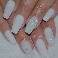 White Glitter Nails, Matte Nails Design, White Acrylic Nails, Diamond Nails, Silver Nails, Pretty Acrylic Nails, Fancy Nails