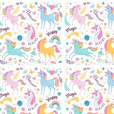 seamless pattern with unicorns and stars in pastel colors on a white background