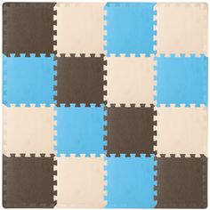 a blue, brown and white rug with squares on it