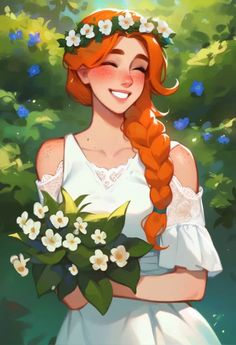 a girl with long red hair wearing a white dress and holding a bouquet of flowers