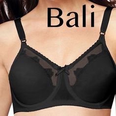 New In Bag And New With Tags. Underwire Bra Featuring Delicate Embroidered Details. A Black Bra Is Always A Versatile Addition To Your Collection. Size Note: This Bra Runs Small And Is Cone-Shaped. We Recommend You Order One Size Up. Features Full Frame Helps Provide Support Seamed Nylon Full-Coverage Cups Provide Firm Yet Gentle Support Comfort-U Design For Stay-In-Place Straps Cushion-Tipped Wires Provide Comfortable Lift And Shaping Flexible Sides Help Provide A Smooth Look Adjustable, Non-St Bali Bras, Bali Body, Front Closure Bra, Minimiser Bra, Black Seamless, Comfortable Bras, Full Coverage Bra, Purple Lace, Black Flower