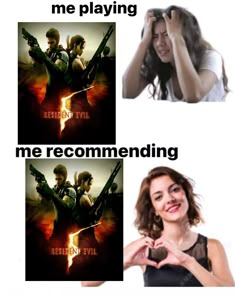 two pictures with the same caption and one has an image of someone playing resident evil