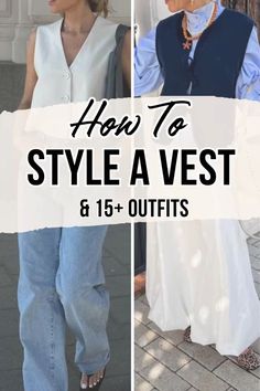 Here is a full guide on the best ways to style a vest. Click read it to learn more👇 Long Jean Vest Outfits, Old Money Vest Outfit, How To Style Vest Top, Outfits With Vests For Women, Cream Vest Outfit, Style A Vest, How To Style A Vest, White Vest Outfit, Jean Vest Outfits