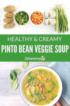 the book cover for 21 day fix pinto bean soup is shown in red and green