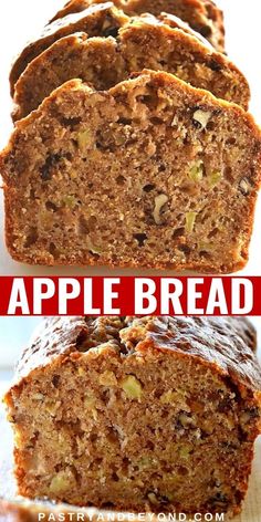 sliced loaf of apple bread sitting on top of a cutting board with the title above it