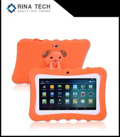 an orange and white tablet case with a dog on the front, sitting next to it