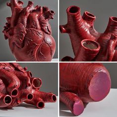 four different views of a red heart shaped vase with multiple holes in the middle and bottom