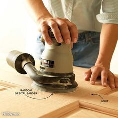 a person using a sander on top of a wooden table with parts labeled around it