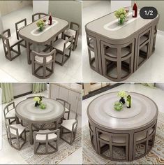 four different views of a dining table and chairs with flowers in vases on top