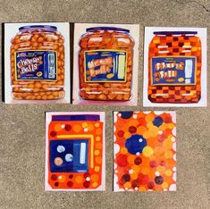 four cards with pictures of jars and buttons on them, one is made out of paper