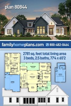 two story house plan with 3 beds, 2 baths and an open floor plan in the front