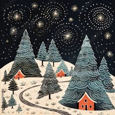 a painting of trees and houses in the snow at night with stars on the sky