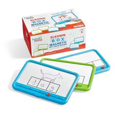 three children's magnetic board games in blue, green and white boxes with instructions on them